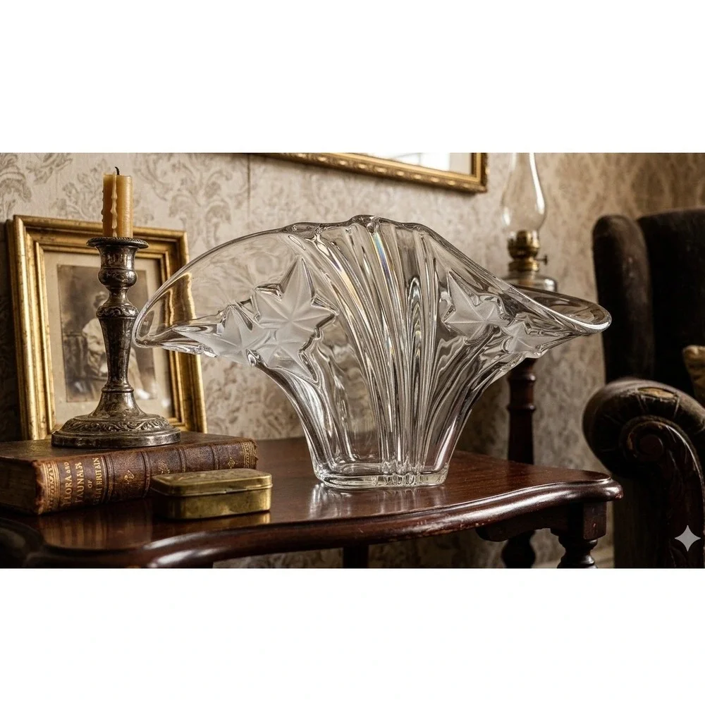 Vintage Crystal Fan Vase Frosted Ivy Leaf Flared Ribbed Art Deco Style Centerpc
